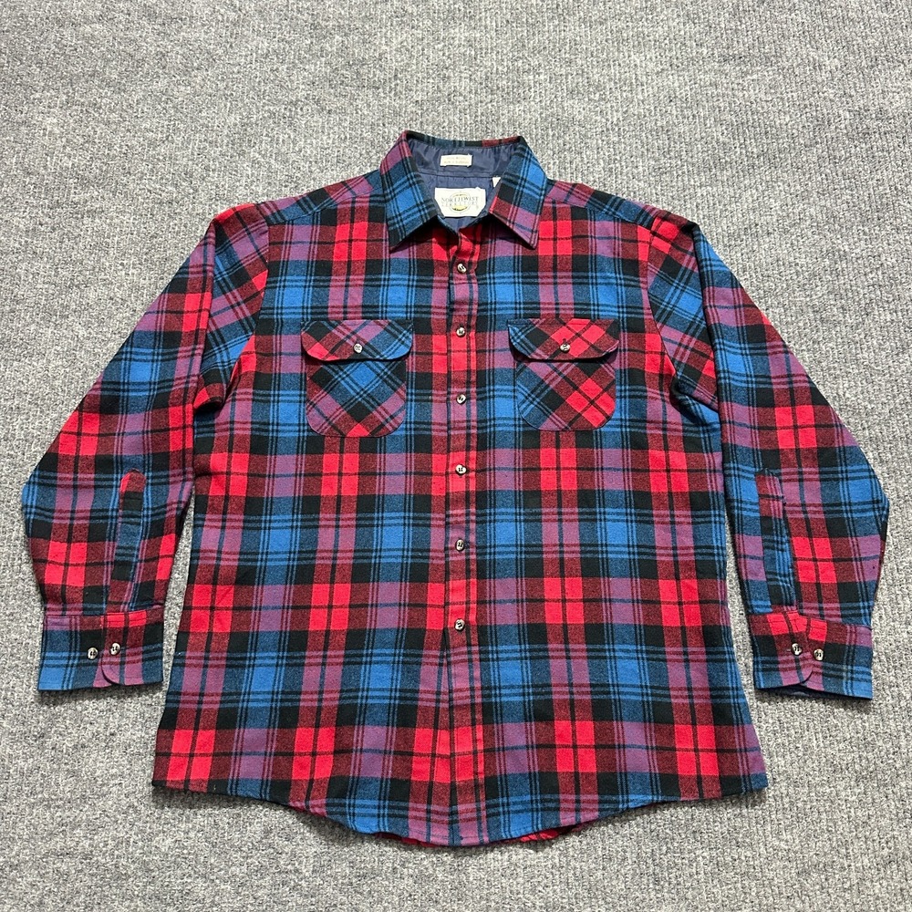 Northwest Territory Mens Button Up Shirt Size Large Red Blue Plaid Long Sleeve